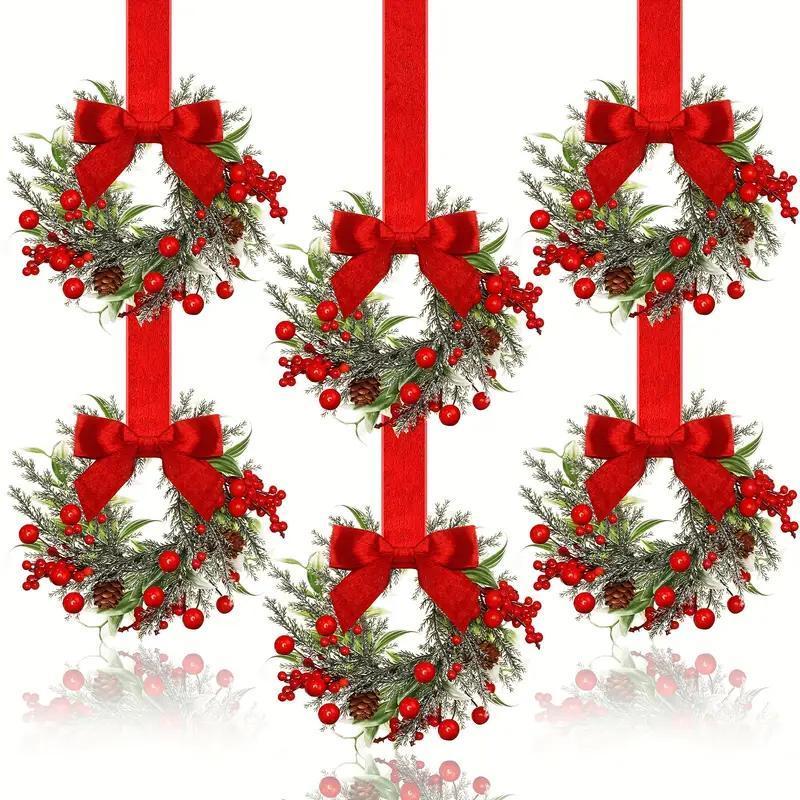 Paquete de 6 mini coronas navideñas para ventana con lazos y frutos rojos. Perchas pequeñas para armarios, decoración rústica para puertas de cocina y fiestas navideñas.