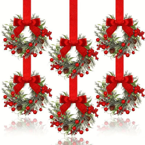 Paquete de 6 mini coronas navideñas para ventana con lazos y frutos rojos. Perchas pequeñas para armarios, decoración rústica para puertas de cocina y fiestas navideñas.