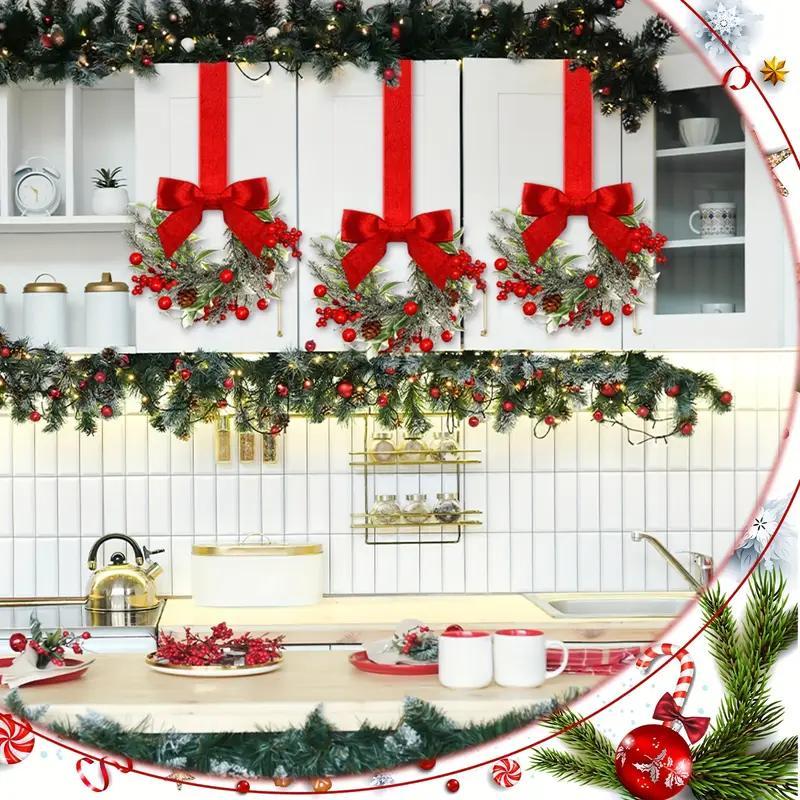 Paquete de 6 mini coronas navideñas para ventana con lazos y frutos rojos. Perchas pequeñas para armarios, decoración rústica para puertas de cocina y fiestas navideñas.