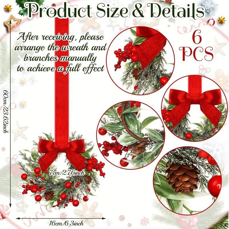 Paquete de 6 mini coronas navideñas para ventana con lazos y frutos rojos. Perchas pequeñas para armarios, decoración rústica para puertas de cocina y fiestas navideñas.